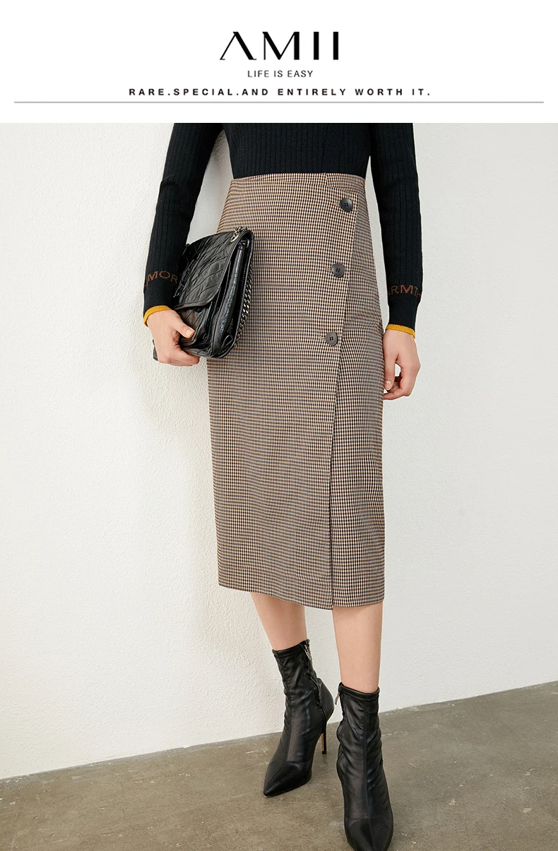 Amii Minimalism Autumn Vintage Womens Skirt OLstyle Fashion Plaid Aline Skirt High Waist Calf-length Female Skirt 12070346