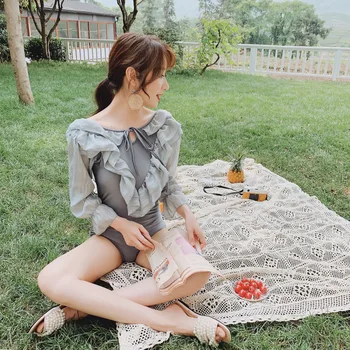 

Swimsuits Woman Badpak Plus Size Swimwear One Piece 2019 Summer Sexy Swim Suits Large Swimsuit Grey Leaf Lace Thin Cover Stomach