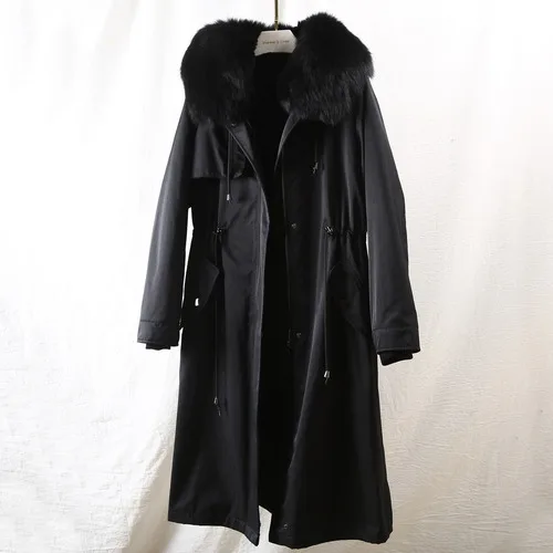 Женская зимняя куртка OFTBUY, с натуральным лисьим мехом на воротнике и капюшоне и съемной подкладкой из кроличьего меха, роскошная длинная парка - Цвет: full black