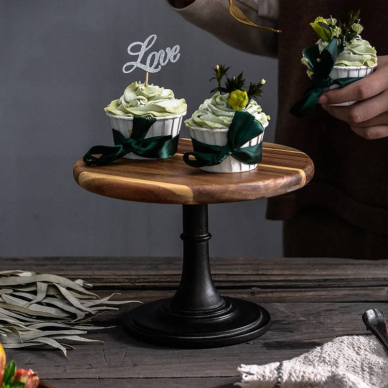 ケーキプレートスタンド木製プレート高ベースカップケーキ皿パーティー撮影小道具デザート皿結婚式トレイ装飾ディスプレイ