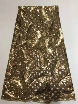 

High Quality gold Nigerian Mesh Lace Fabrics 2019 African French Net Lace Fabric With Velvet Embroidered Lace Dress FJ113