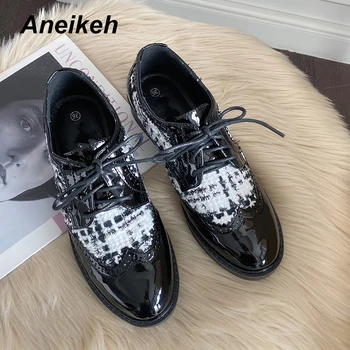 

Aneikeh NEW Women's Flats Oxford Shoes Woman Retro PU Leather Round Toe Patent Leather Brogue Lady Flats Lace-Up Shoes Handmade