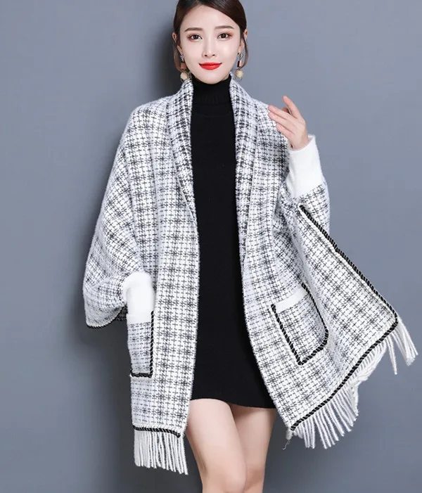 White Plaid Cape Один размер, женский свитер, весна-осень, толстая накидка, женское клетчатое пальто из искусственной норки, элегантный женский свободный вязаный кардиган для женщин - Цвет: White Plaid Cape