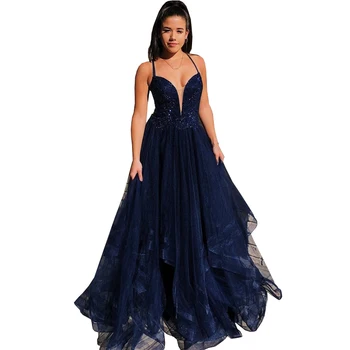 

Navy Tiered Tulle Evening Dresses Ball Gowns Long Applique Beading Sexy V-Neck Long Formal Prom Dress Spaghetti Strap