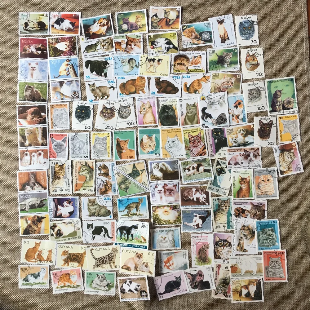 

50Pcs/Set Cat Kitten All Different From Many Countries NO Repeat with Unused Postmark Postage Stamps for Collecting