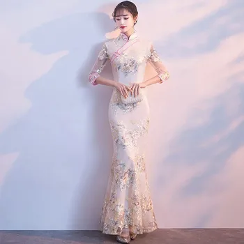 

Trumpet Evening Party Dress Long Women Champagna Three Quarter Sleeve Gown Marriage Cheongsam Lace Qipao Vestidos Oversize