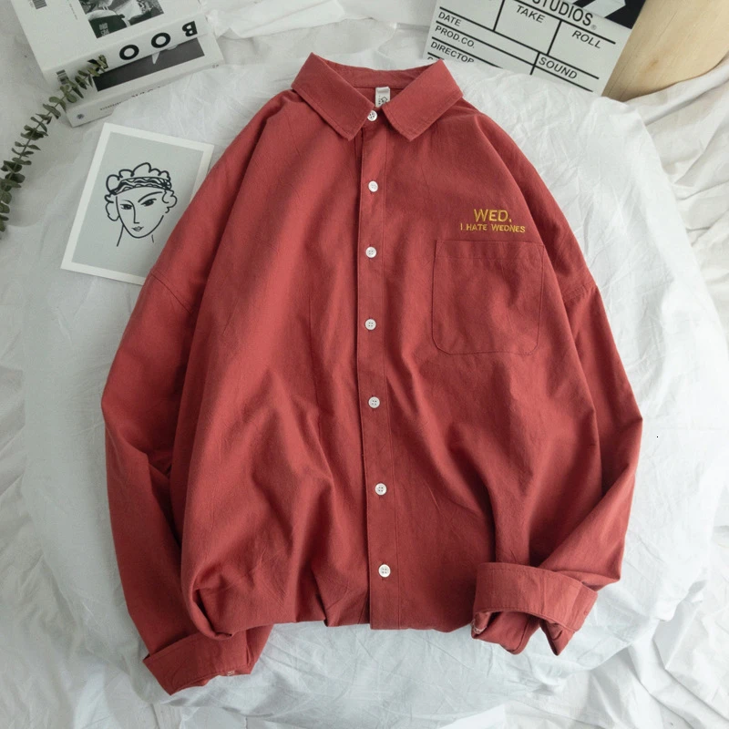 Red(Asian Size) EWQ/Мужская Однотонная рубашка с длинным рукавом,, Мужская корейская модная рубашка с вышивкой, Мужская Уличная Весенняя женская рубашка 9A372 - Цвет: Red(Asian Size)