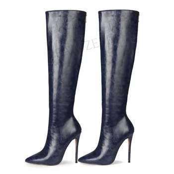 

BERZIMER Women Knee High Boots Back Zip High Heels Boots Faux Leather Unisex Female Ladies Shoes Woman Big Size 39 43 44 45 47