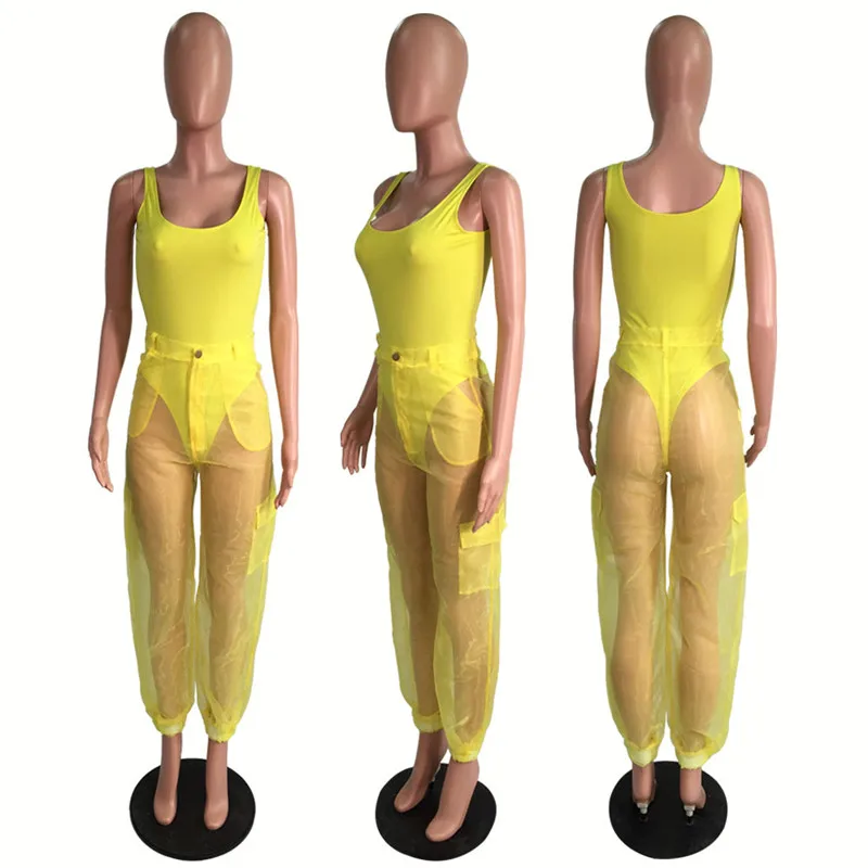 HAOYUAN комплект одежды из двух предметов, боди, топ и сетчатые прозрачные штаны, одинаковые комплекты, неоновые, розовые, зеленые сексуальные комплекты из 2 предметов для женщин