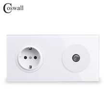 Coswall Crystal Tempered Pure Glass Panel EU Standard Wall Socket+ Female TV Connector 172*86mm R11 Series