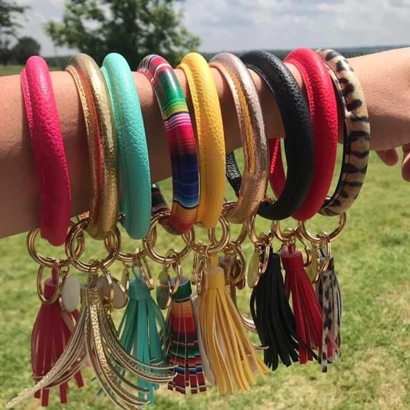 

Miwens Rainbow Leather O Bracelet Key Chain for Women Fashion Big Circle Key ring Creative Tassel Wristlet Bracelets Jewelry