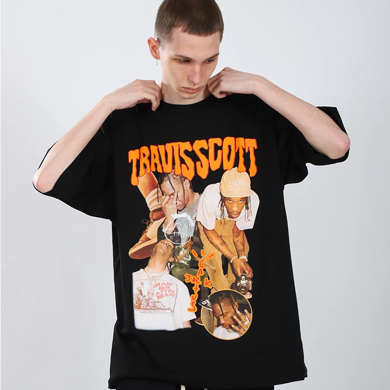 Travis Scott Print Cotton T-shirt Loose Design Casual Style Tee Hip-Hop Short Sleeve of Unisex