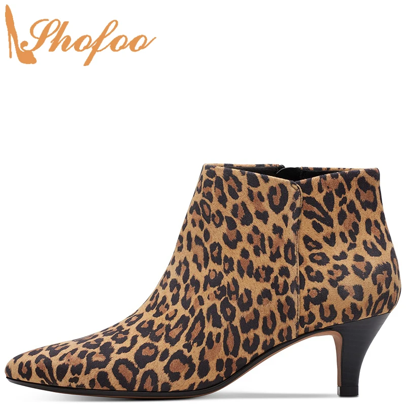 

Brown Leopard Print High kitten Heels Ankle Boots Woman Pointed Toe Zipper Booties Large Size 11 16 Ladies Fashion Shoes Shofoo
