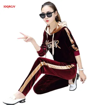 

Tracksuit For Women Spring Two Piece Set Top And Pants Female Suits Sports Suit woman Leisure Long Sleeve Gold Velvet Sets W1519