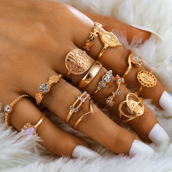 Tocona 15 Pcs/set Boho Virgin Mary Gold Rings for Women Heart Fatima Hands Anillos Cross Leaf Geometric Kольцо Jewelry 7056