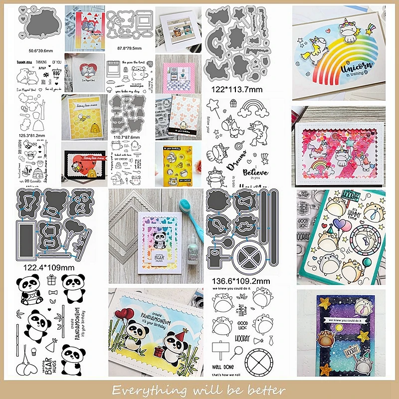

Mix Cute Cartoon Animals Panda Unicorn Bee Hamster Letter Metal Cutting Dies Combine Match Clear Silicone Stamps Make Funny Card