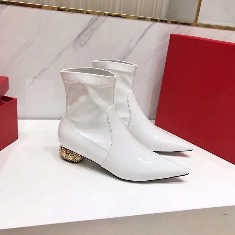 

Ankle Boots Women Pearl Crystal Heel Shoes Woman Pointed Toe Botas Mujer Genuine Leather Women Shoes High Heel Zapatos De Mujer