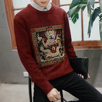 

Fashion Personality Chinese Embroidery Mens Sweater O Neck Large Size M-5XL Knitted Sweater Pullover Casual Slim Fit Pull Hommes