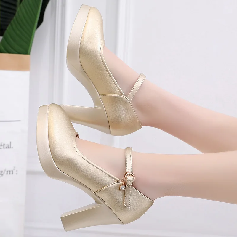 QianNML Brand Women's Split Leather Shoes 2022 5.5 8.5 11cm Breathable High Heels Pumps Women  single Shoe gold 33 34 41 42 43
