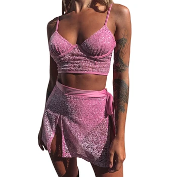 

Women 2-piece Set Summer Ladies Pink Sexy 2Pcs Mesh Suit High Waist Ladies Halter Solid Sleeveless Top Mini Dress Outfits S-XL