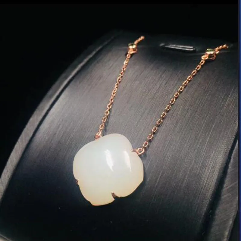 Natural Chinese HeTian 925 Silver White Jade Polygon Design Pendant Necklace For Women Charm Jewelry Gift