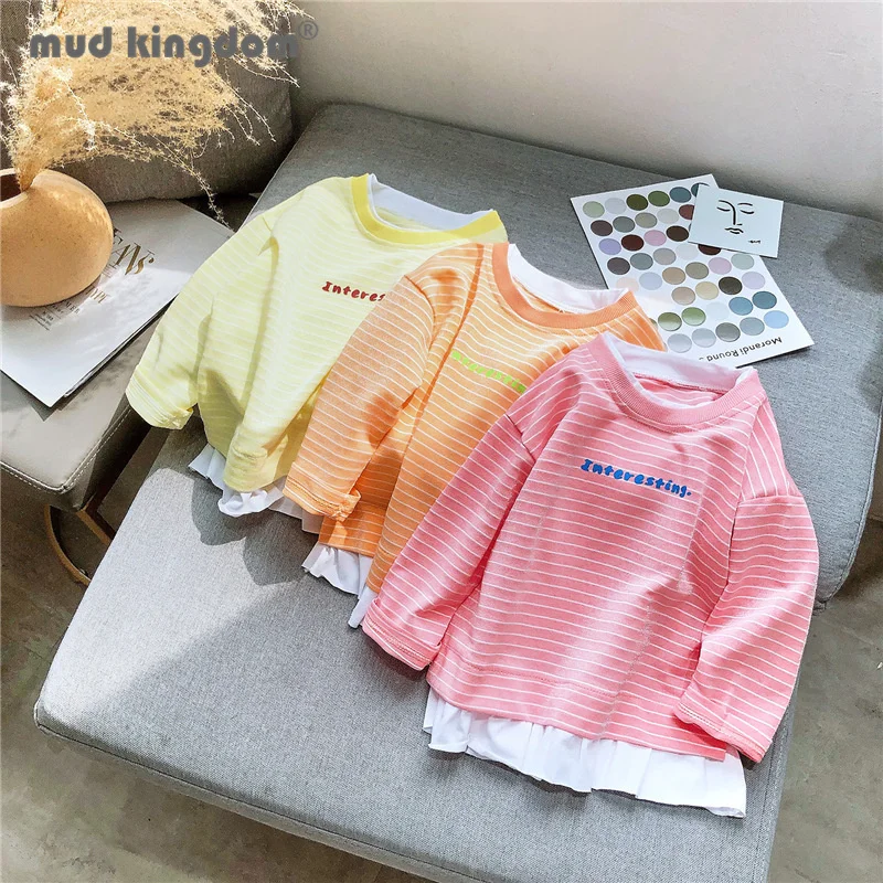 Mudkingdom Girls T-shirts Striped Patchwork Letter Long Sleeve Crew Neck Casual Tops for Little Girl Fashion Spring Kids Clothes | Детская