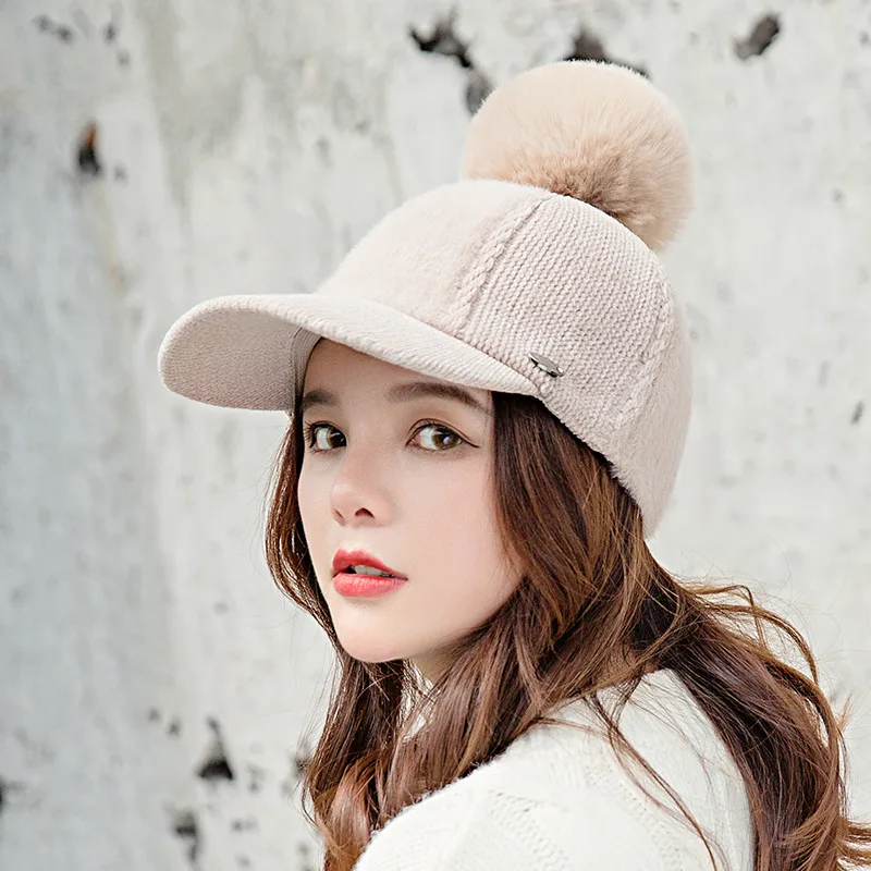 

Sparsil New Arrival Autumn Winter Visors For Women Outdoor Plush Warm Baseball Caps Corduroy Solid Color Trendy Fur Ball Beanies