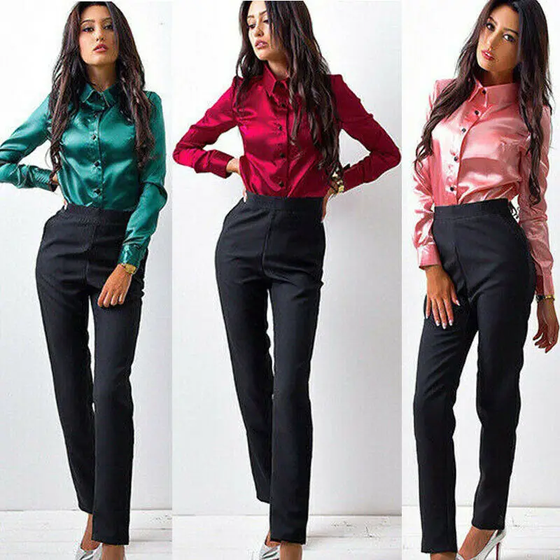 

Elegant Women Sexy Satin Silk Shirt Long Sleeve Turn-down Collar Top Button Office Lady Blouse Shirt New Plus size S-2XL