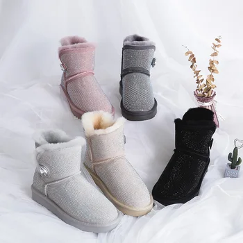 

Luxury Woman Genuine Boots Leather Rhinestone Snow Boots Flat Wool Fur Women Winter Shoes Warm Platform Plus Size Ankle Boots DE
