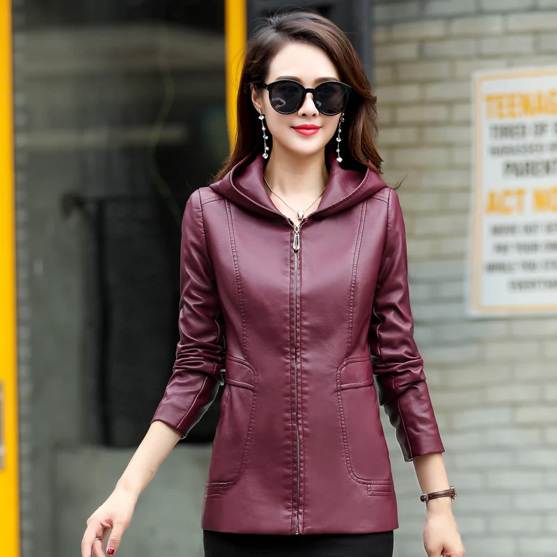 Осенне-зимнее мягкое пальто из искусственной кожи с капюшоном размера плюс 5XL 6XL НОВАЯ тонкая черная куртка из искусственной кожи женская верхняя одежда - Цвет: Purple Red