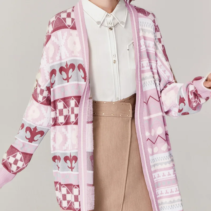 

2019 New Women's Medium and Long Style French Retro Printing Long Sleeve Unbuttoned Cardigan Sweater Women