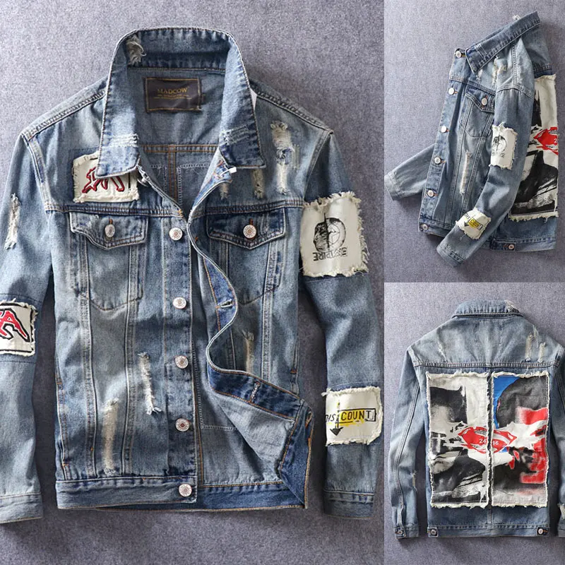 Мужская джинсовая куртка модная облегающая в стиле хип-хоп Повседневная Уличная