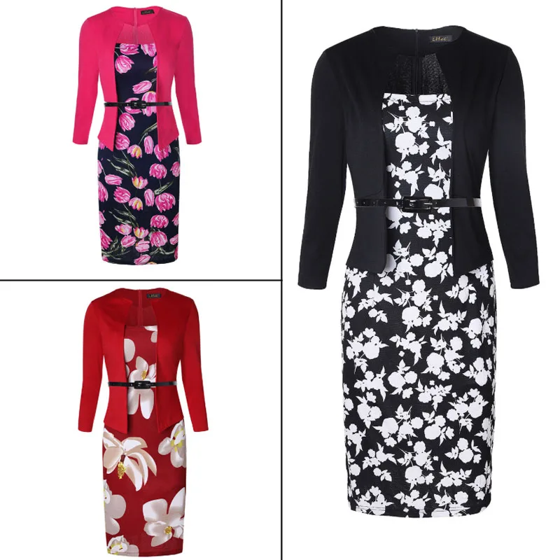 Formal Slim Office Ladies Dress Women Square Collar Puff Sleeve Pencil Dresses Autumn Spring High Waist Sashes Womens Dress