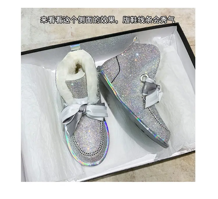 Новая мода стразы сапоги с мехом; большие размеры зимние ботинки Rhinestone женские нескользящие Короткие полусапожки туфли из хлопка женские с бархатом