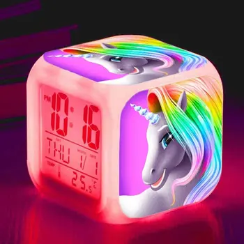 

Cute Colorful Cartoon Unicorn Alarm Clock LED Digital Clock 7 Color Changing Light Night Glowing Kids Desk Clock Children Gift