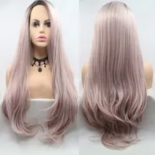 Темные корни Омбре розовый длинные натуральные прямые Glueless синтетические парики на кружеве термостойкие волокна боковые проборы волос для женщин