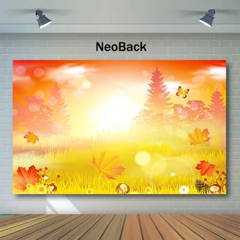 

NeoBack Autumn Maple Leaf Backdrop Sunset Bokeh Golden Photography Background Butterfly Child Birthday Photography Backdrops