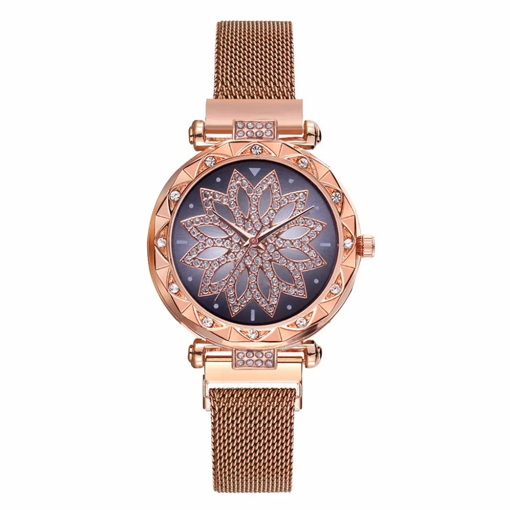 rose gold2 Горячая Мода женские Цветочные Стразы Наручные часы женские роскошные повседневные розовое золото Сталь Кварцевые часы Relogio Feminino магнитные часы - Цвет: rose gold2