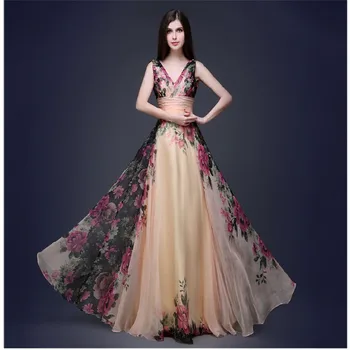 

3 Designs Dresses Stock One Shoulder Flower Pattern Floral Print Chiffon Dress Gown Party Long dresses