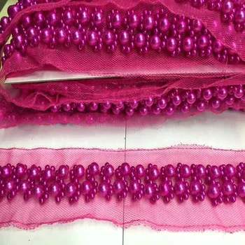 

3Yds Bead Lace Fabric Trim Ribbon DIY Sewing Applique Collar Pearls Yellow Blue Mesh Back Wedding Dress Guipure Decor