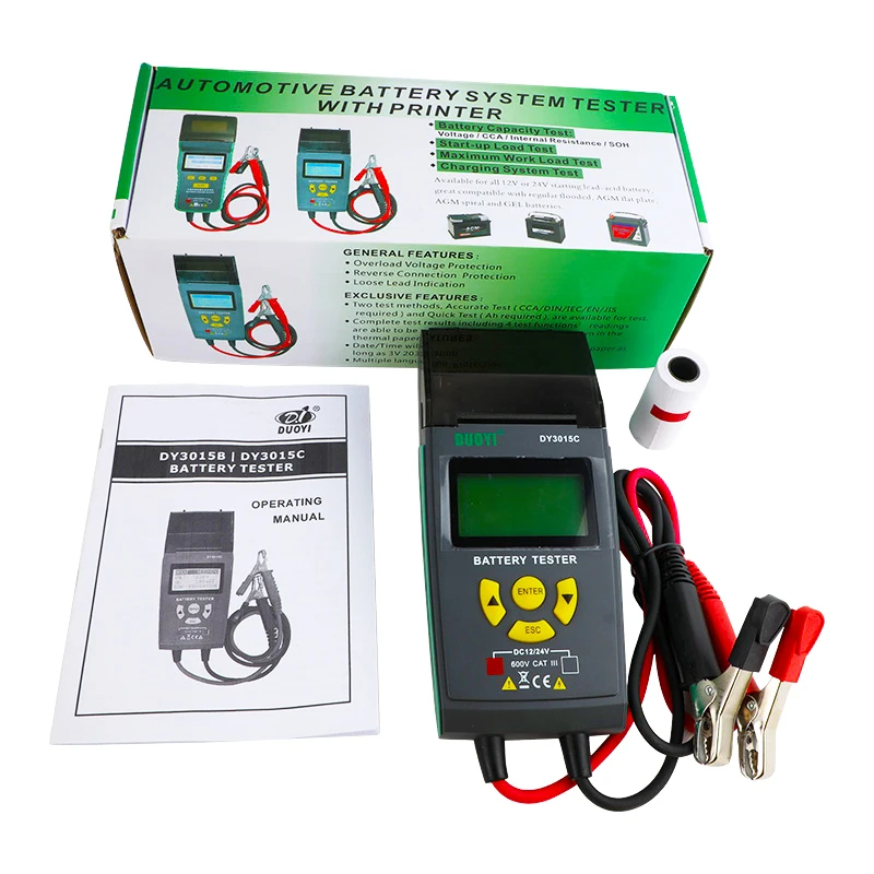 DUOYI DY3015C 자동차 배터리 테스터 12V UPS 및 12V&24V 배터리 분석기 CCA 프린터 포함 다국어 지원 6개 언어 옵션