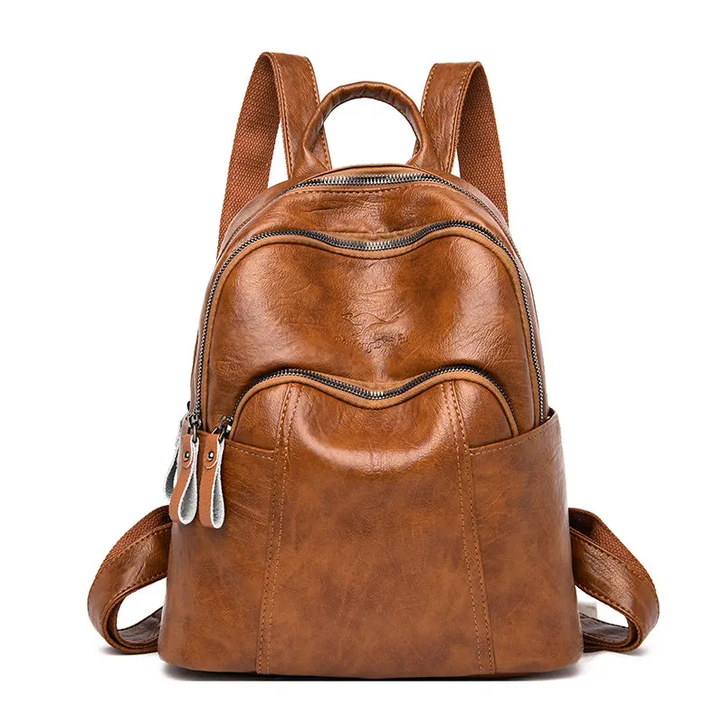 Brown Bagpack Women Leather Backpack High Quality Female Shoulder Bag Casual Solid Backpack Purse School Bag For Teenage Girls Mochila - Цвет: Brown