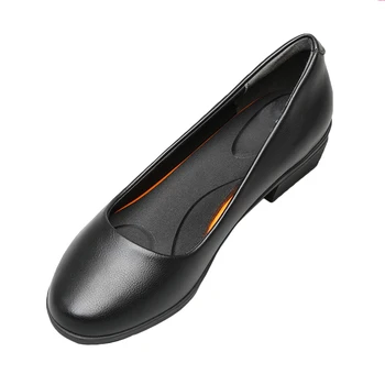 Black Leather Women's Work Shoes Sole Thick Heel Round Head Shoes Soft Sole Professional Antiskid Hotel Work Shoes