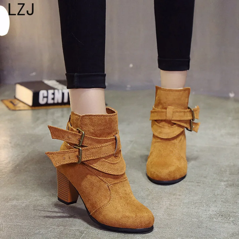 

2019 Women's Single Boots New Horse Boots Square Heel Round Toe Spring High Heel Boots Lace-Up Plus Size 35-45 Zapatos De Mujer