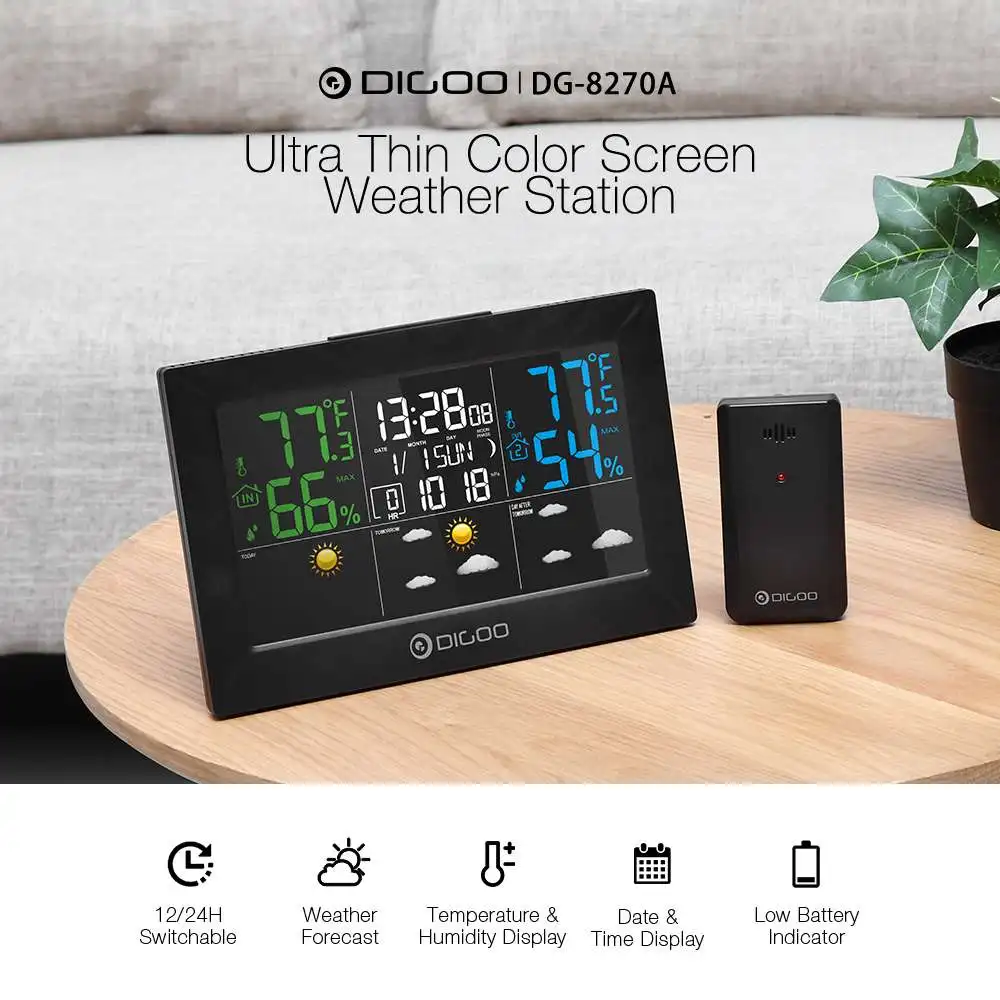 

DIGOO DG-8270A Indoor Outdoor Weather Station + 100m Forecast Sensor Thermometer Hygrometer Meter Calendar 3CH Backlight