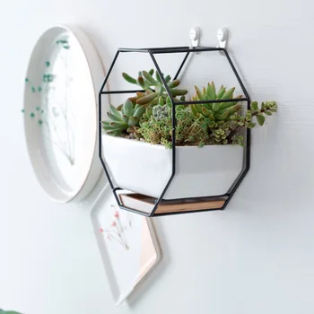 

Metal Iron Rack White Ceramic Planter Pot Simple Octagonal Geometric Wall Hanging Ceramic Flower Pot RT99
