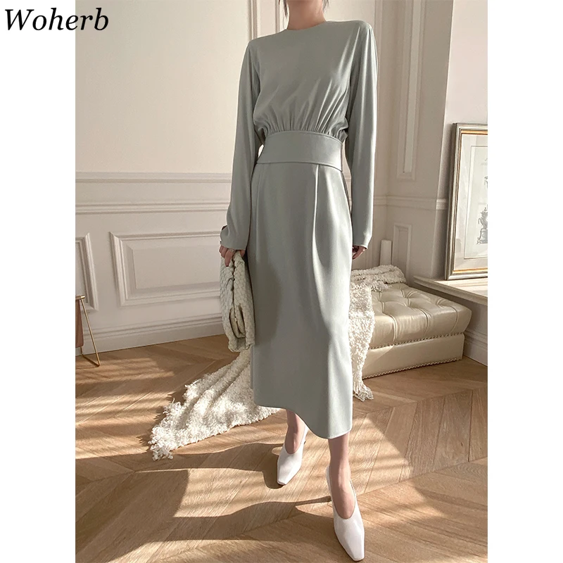 

Woherb 2020 Ladies Elegant Long Sleeve Dress Solid Korean Women High Waist Dresses Spring Summer Casual Party Maix Vestidos