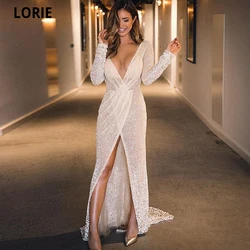 LORIE Sparkly Sequin Celebrity Dresses Straight Deep V-neck Slit Sexy Long Prom Dresses Formal Shiny Evening Gowns Plus Size