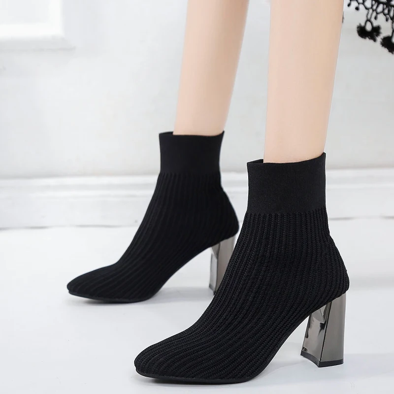 

Women Knitting Elastic Autumn Ankle Boots Square Middle Heels Female Pointed Toe Short Sock Boot Ladies Casual Fashion Shoes