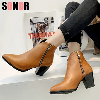 

Ankle High Heels Women Boots Pointed Toe Footwear Zip Female Booties Pu Shoes Woman Winter 2019 Plus Size 34-43